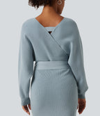 Crossover V Neck Batwing Long Sleeve Belted Midi Casual Sweater Dress — Citadel — view 5