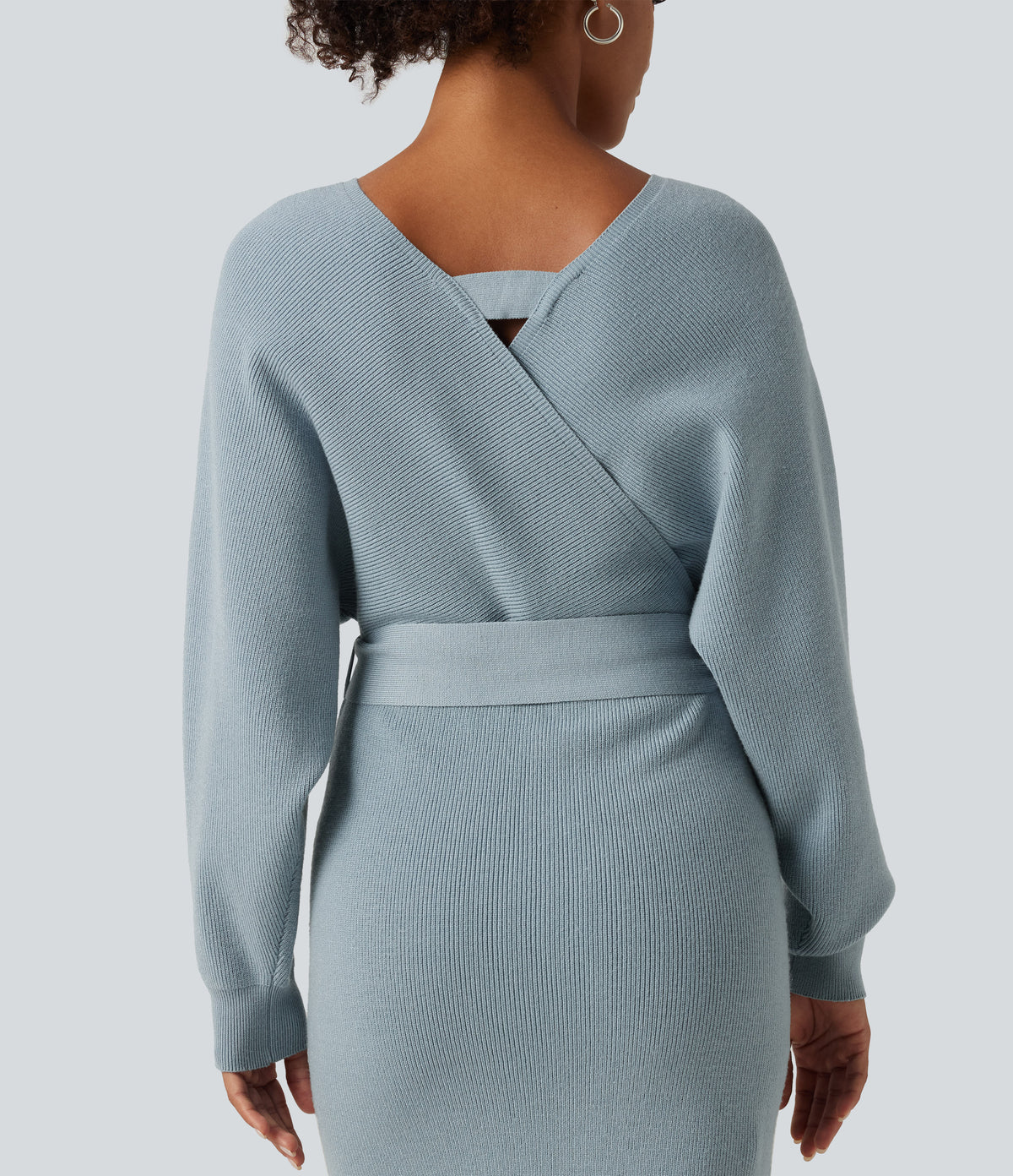Crossover V Neck Batwing Long Sleeve Belted Midi Casual Sweater Dress — Citadel — view 5