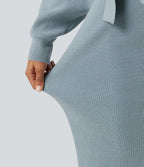 Crossover V Neck Batwing Long Sleeve Belted Midi Casual Sweater Dress — Citadel — view 6