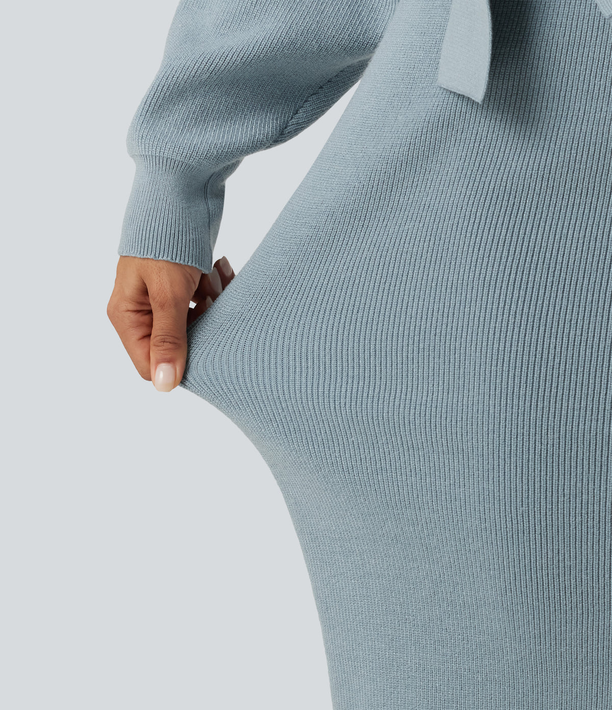 Crossover V Neck Batwing Long Sleeve Belted Midi Casual Sweater Dress — Citadel — view 6