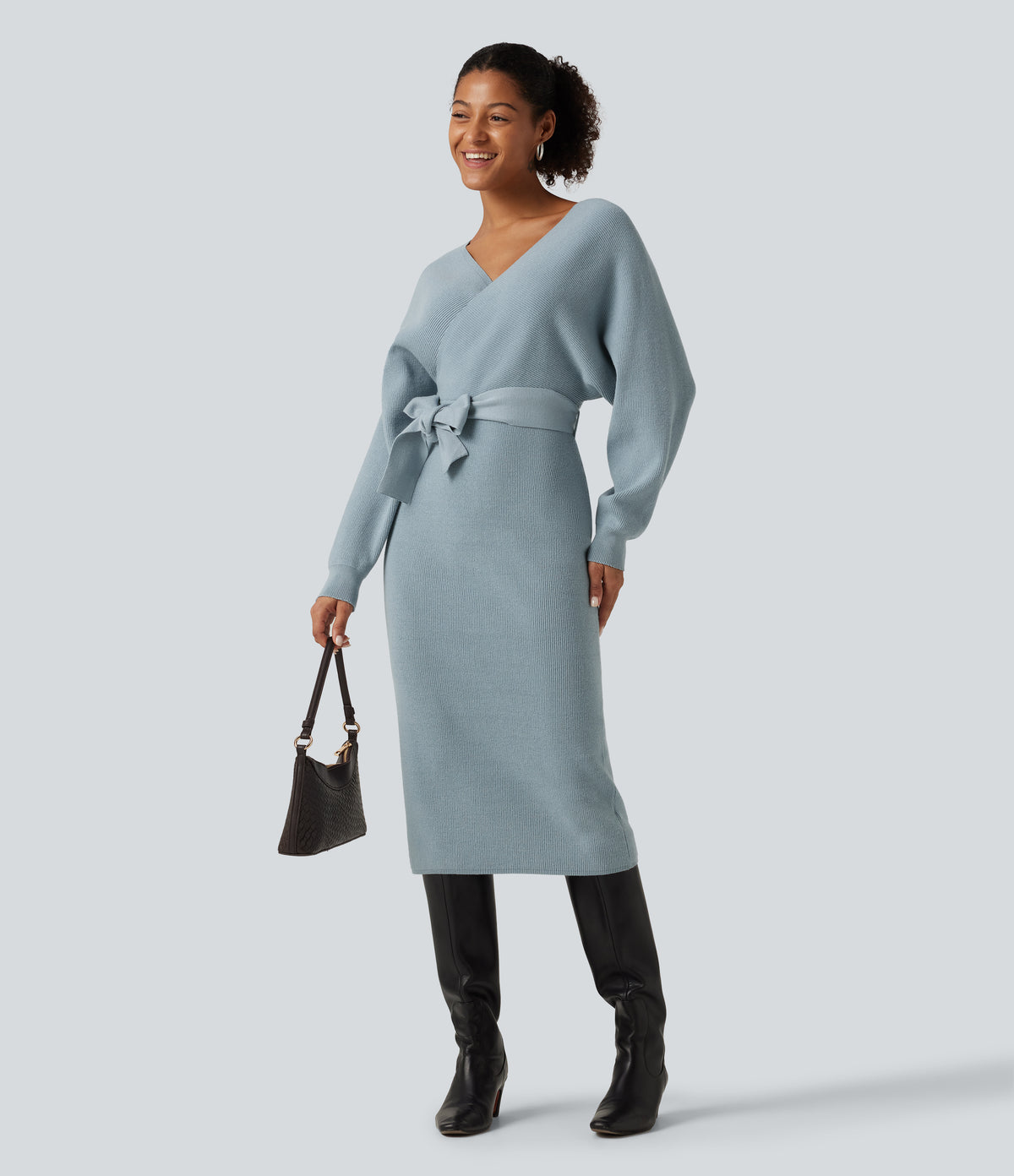 Crossover V Neck Batwing Long Sleeve Belted Midi Casual Sweater Dress — Citadel — view 7
