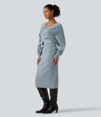 Crossover V Neck Batwing Long Sleeve Belted Midi Casual Sweater Dress — Citadel — view 3