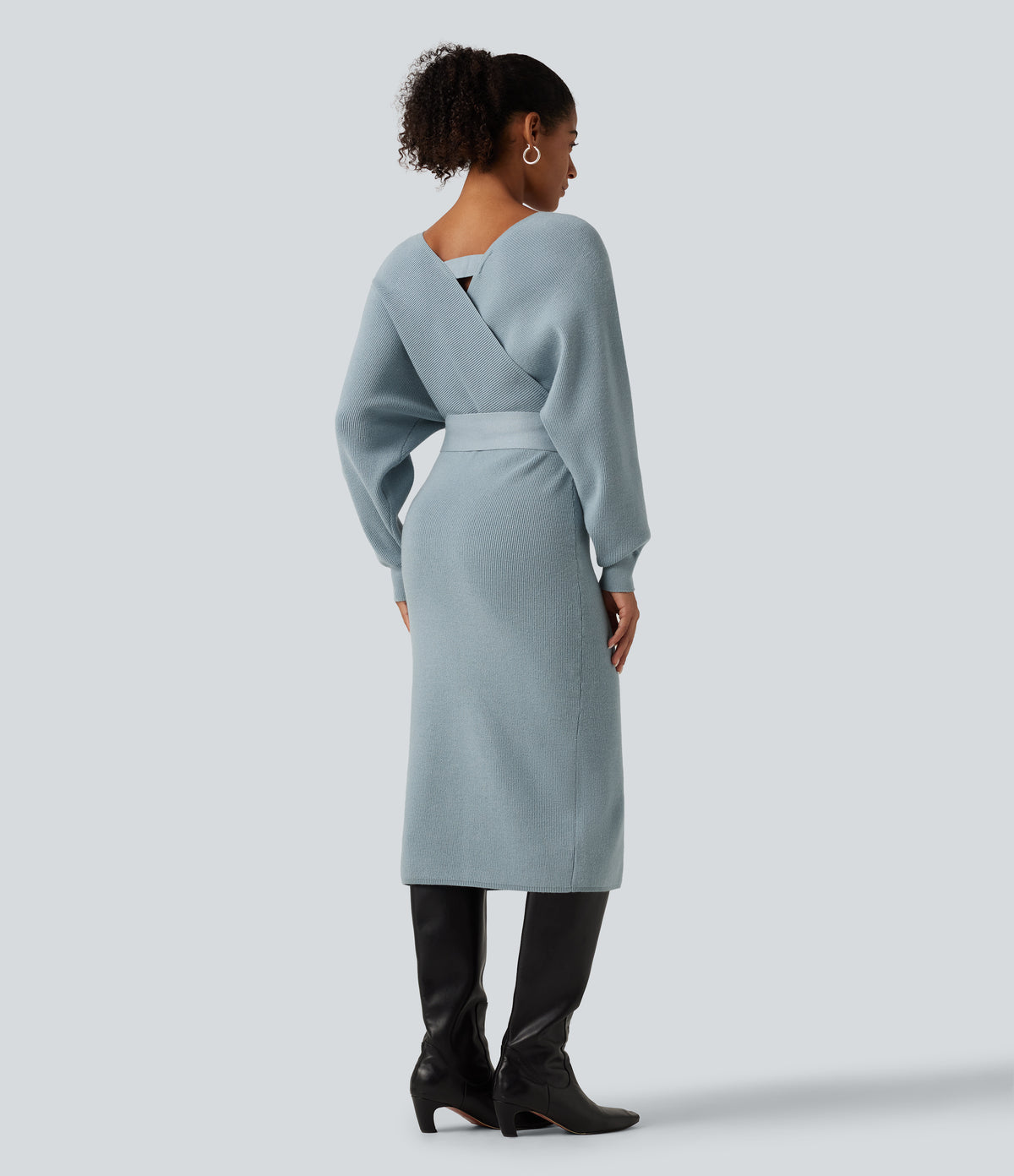 Crossover V Neck Batwing Long Sleeve Belted Midi Casual Sweater Dress — Citadel — view 2