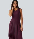 Ribbed Round Neck Sleeveless Asymmetric Flowy Midi Casual Dress — Maroon Banner — view 4