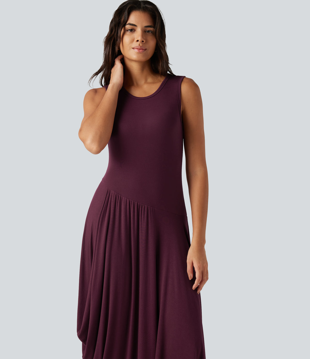 Ribbed Round Neck Sleeveless Asymmetric Flowy Midi Casual Dress — Maroon Banner — view 4