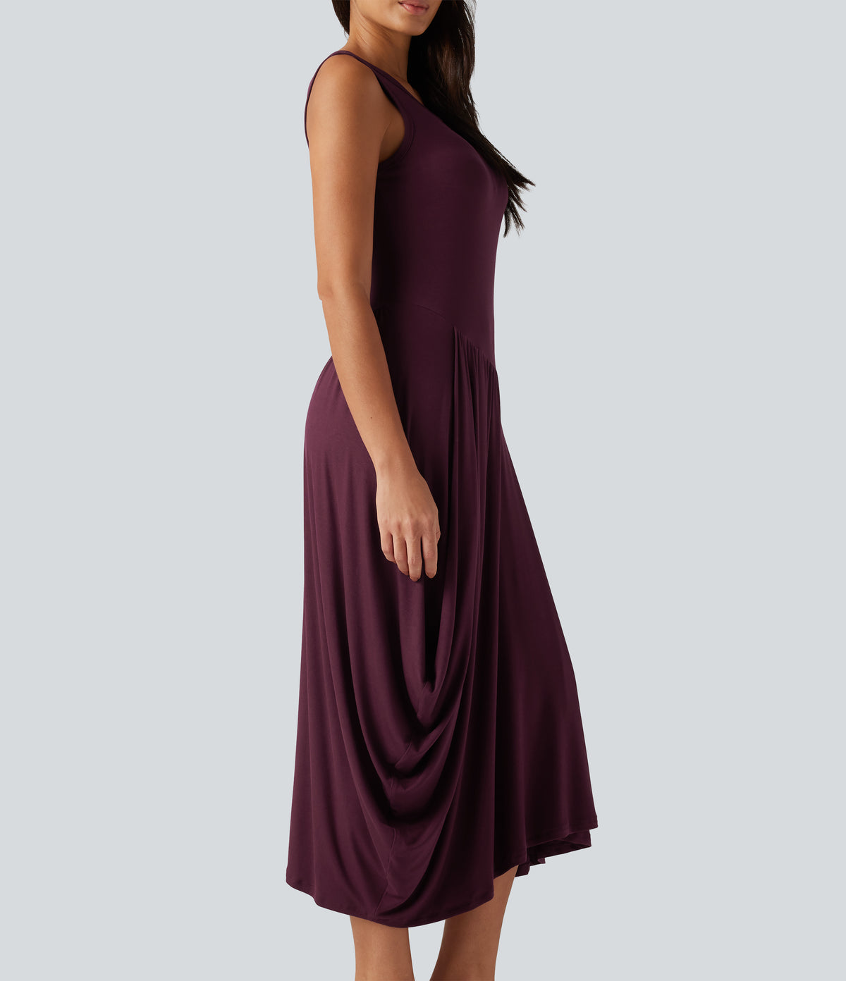 Ribbed Round Neck Sleeveless Asymmetric Flowy Midi Casual Dress — Maroon Banner — view 6