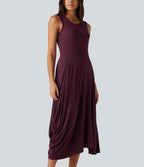 Ribbed Round Neck Sleeveless Asymmetric Flowy Midi Casual Dress — Maroon Banner — view 5