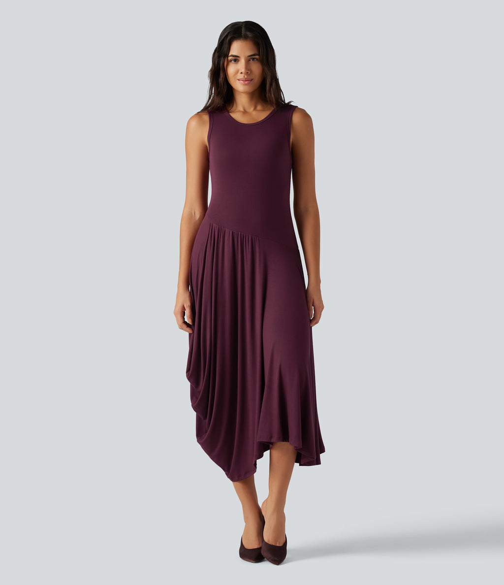 Ribbed Round Neck Sleeveless Asymmetric Flowy Midi Casual Dress — Maroon Banner — view 1