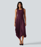 Ribbed Round Neck Sleeveless Asymmetric Flowy Midi Casual Dress — Maroon Banner — view 1