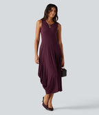Ribbed Round Neck Sleeveless Asymmetric Flowy Midi Casual Dress — Maroon Banner — view 7