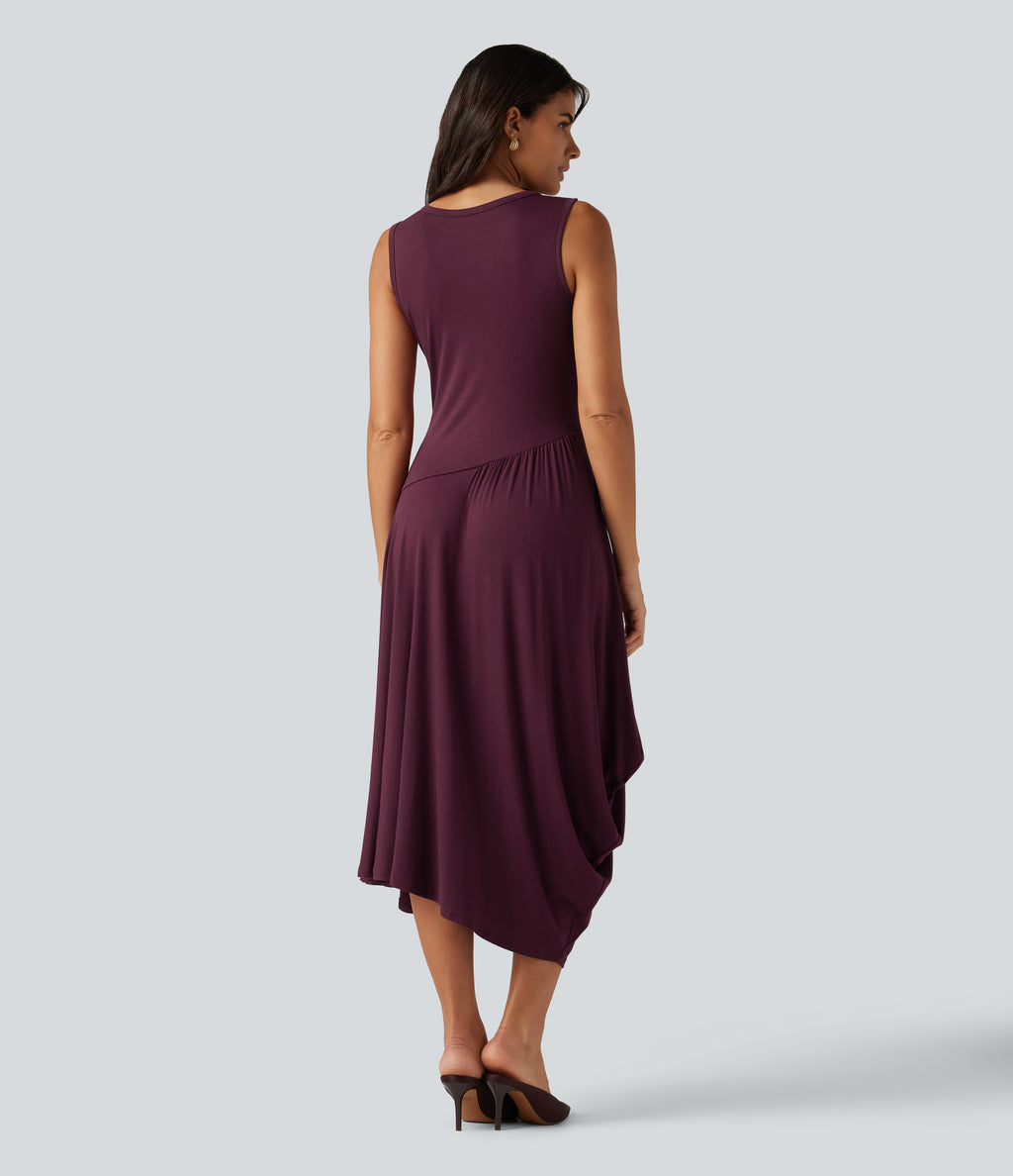 Ribbed Round Neck Sleeveless Asymmetric Flowy Midi Casual Dress — Maroon Banner — view 2