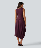 Ribbed Round Neck Sleeveless Asymmetric Flowy Midi Casual Dress — Maroon Banner — view 2