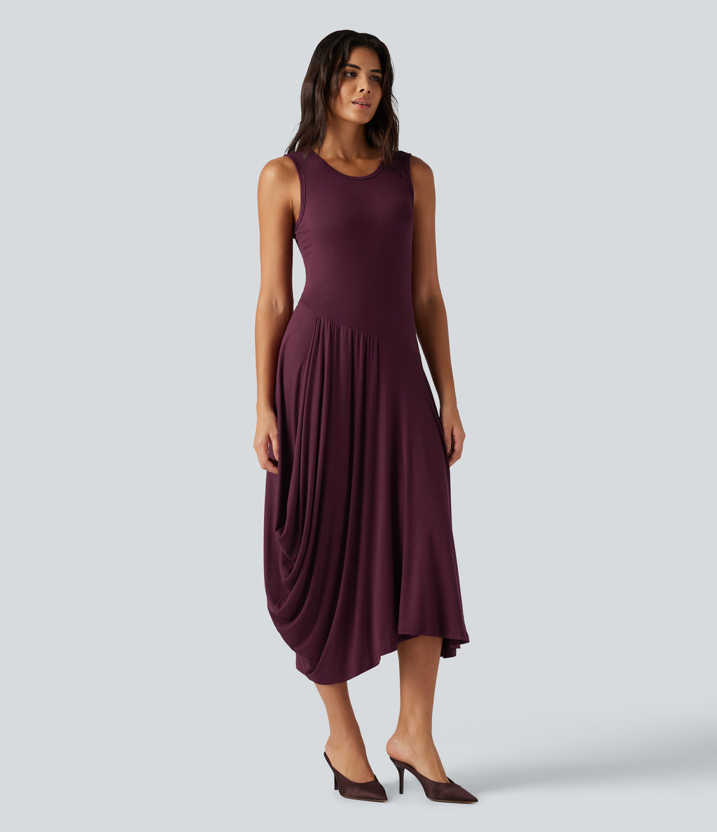 Ribbed Round Neck Sleeveless Asymmetric Flowy Midi Casual Dress — Maroon Banner — view 3