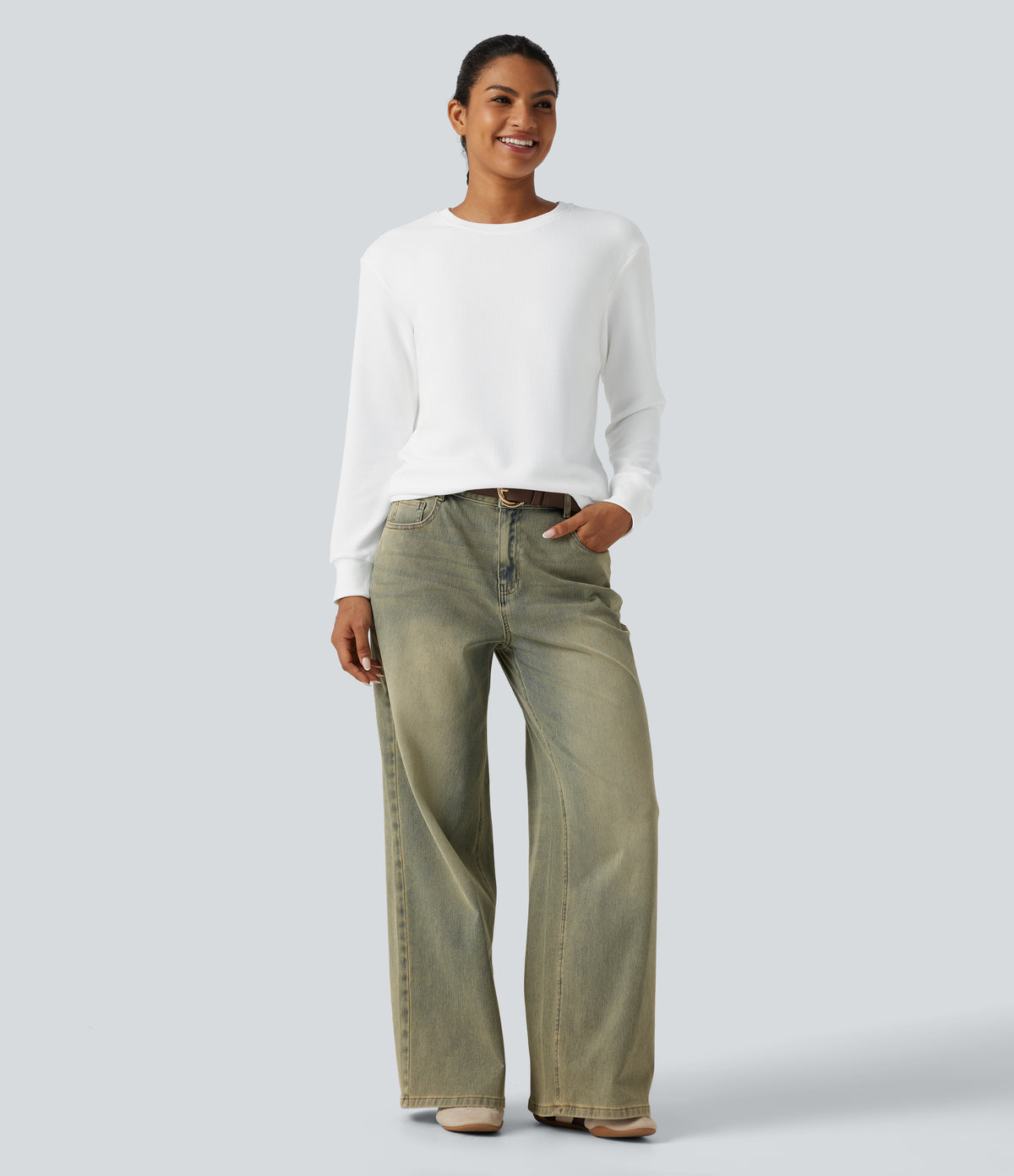 Round Neck Long Sleeve Waffle Casual Tops — White — view 6