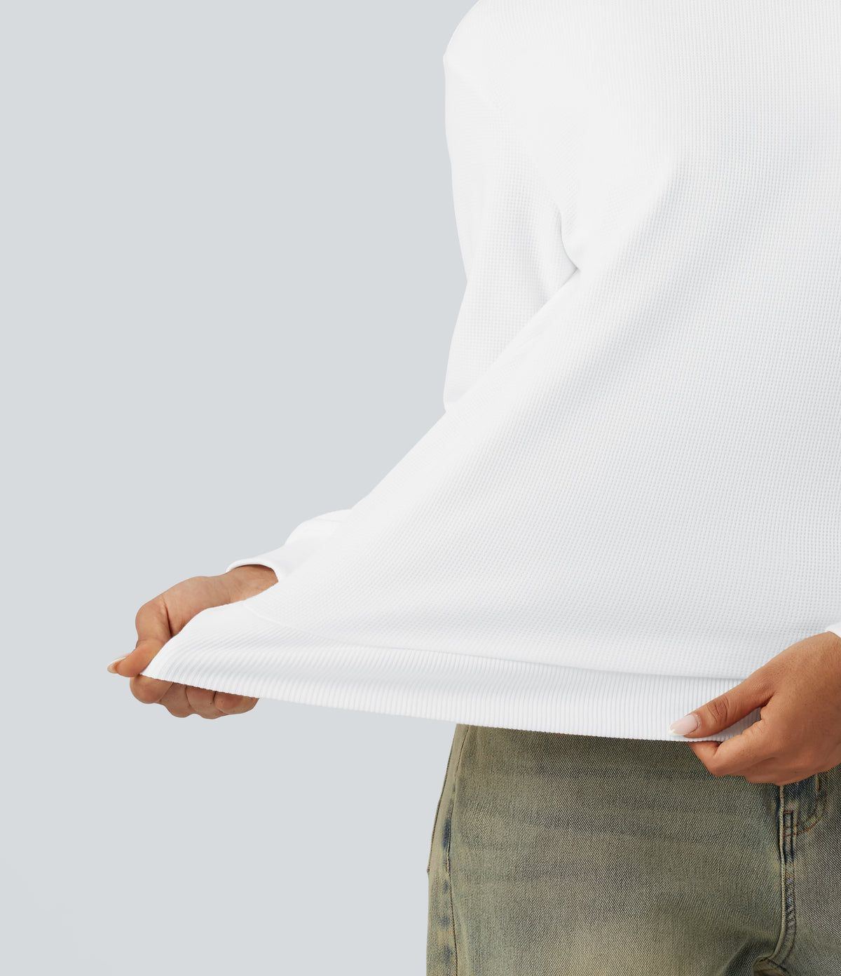 Round Neck Long Sleeve Waffle Casual Tops — White — view 5