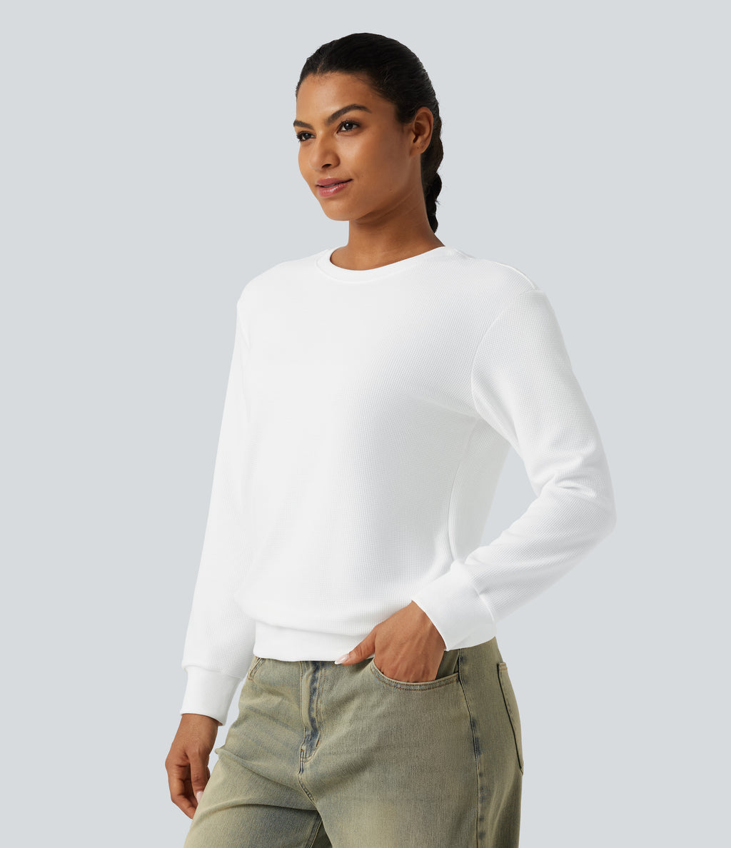 Round Neck Long Sleeve Waffle Casual Tops — White — view 3