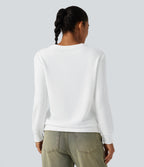 Round Neck Long Sleeve Waffle Casual Tops — White — view 2