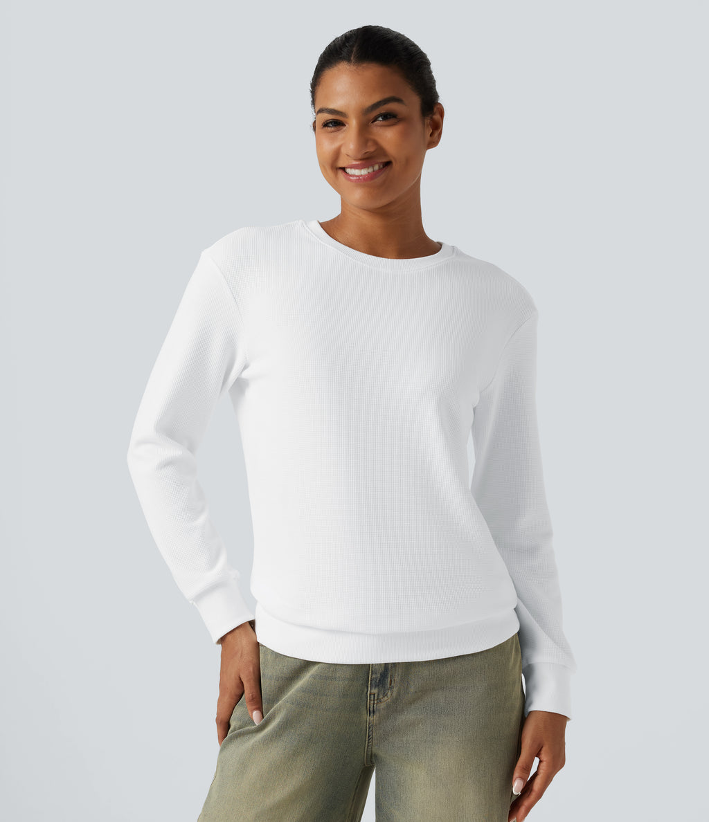 Round Neck Long Sleeve Waffle Casual Tops — White — view 4