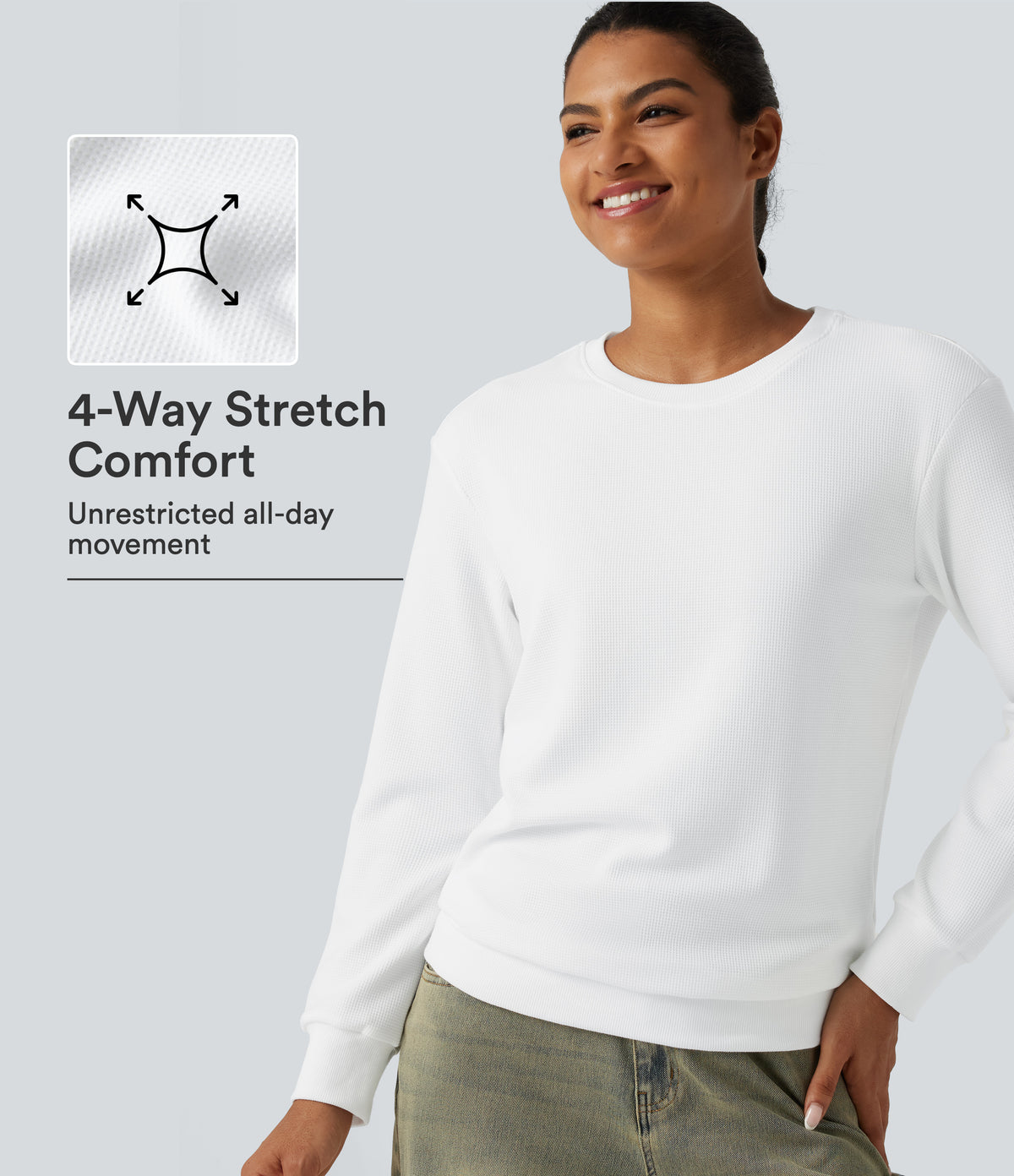 Round Neck Long Sleeve Waffle Casual Tops — White — view 1