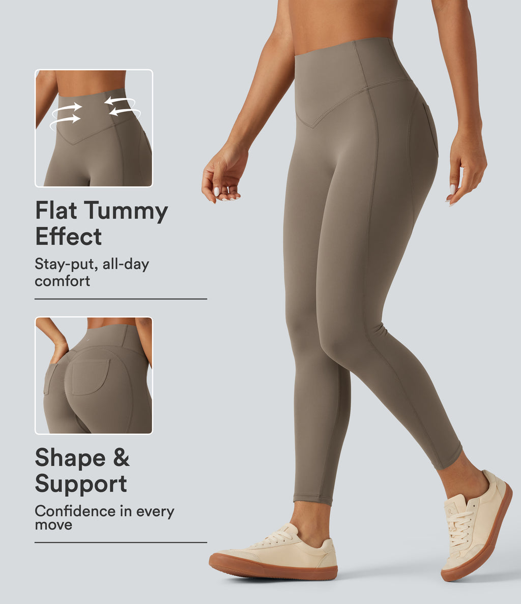 High Waisted Tummy Control Ruched Yoga Leggings with Pockets — Dawn Brown — view 1