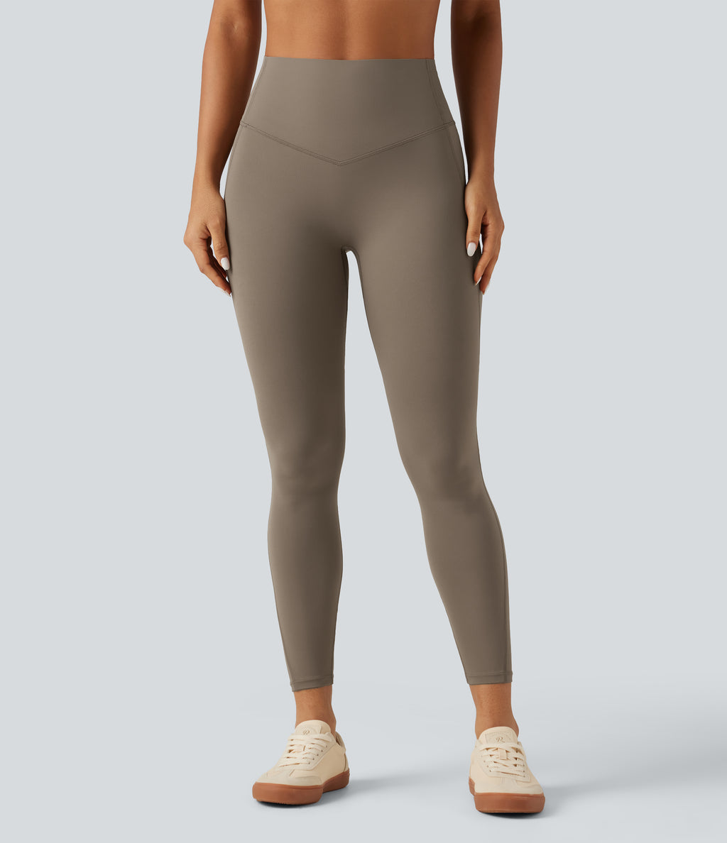 High Waisted Tummy Control Ruched Yoga Leggings with Pockets — Dawn Brown — view 4