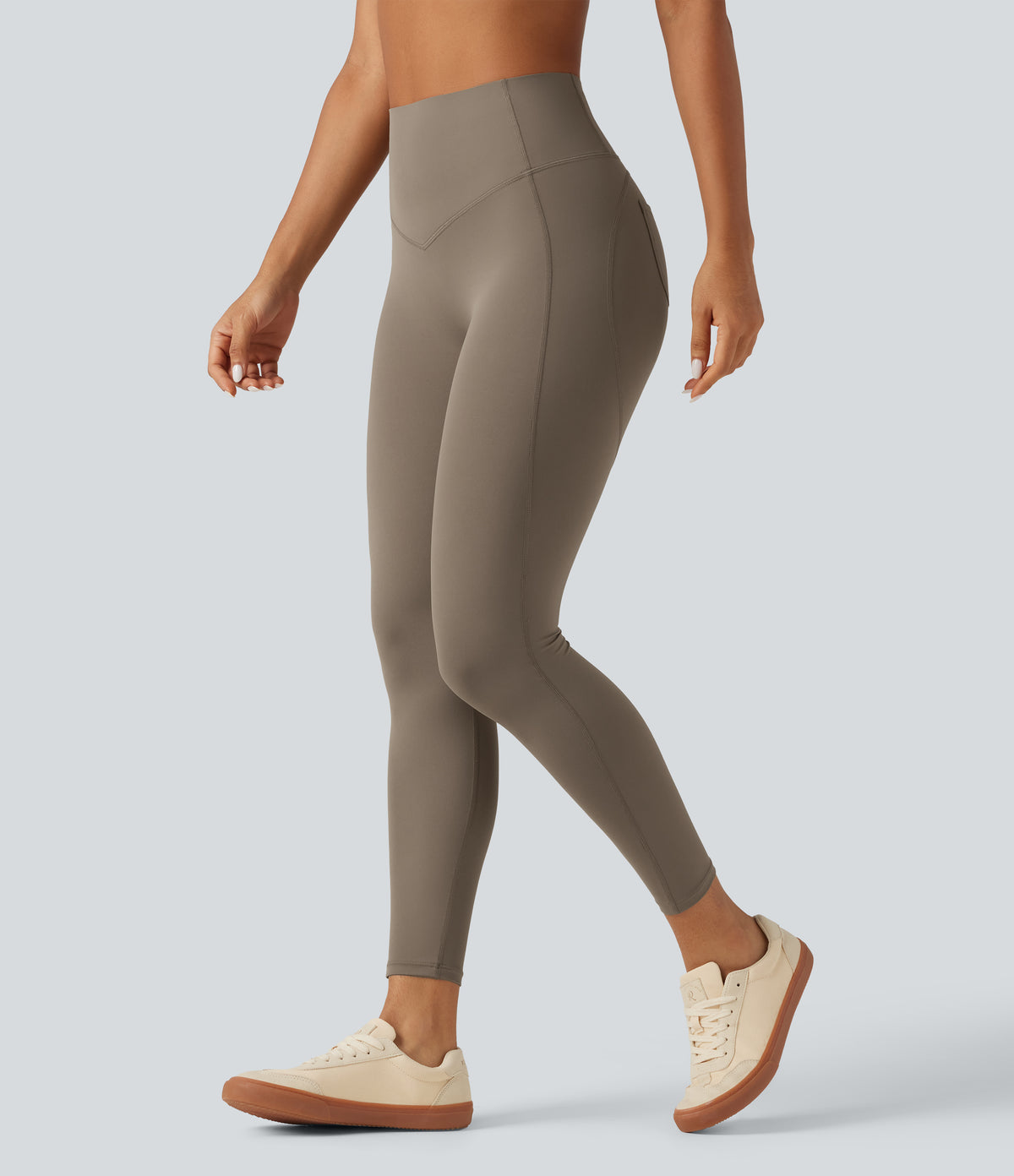 High Waisted Tummy Control Ruched Yoga Leggings with Pockets — Dawn Brown — view 2