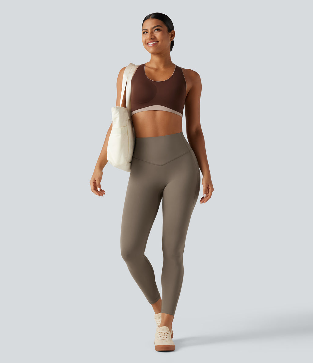 High Waisted Tummy Control Ruched Yoga Leggings with Pockets — Dawn Brown — view 8