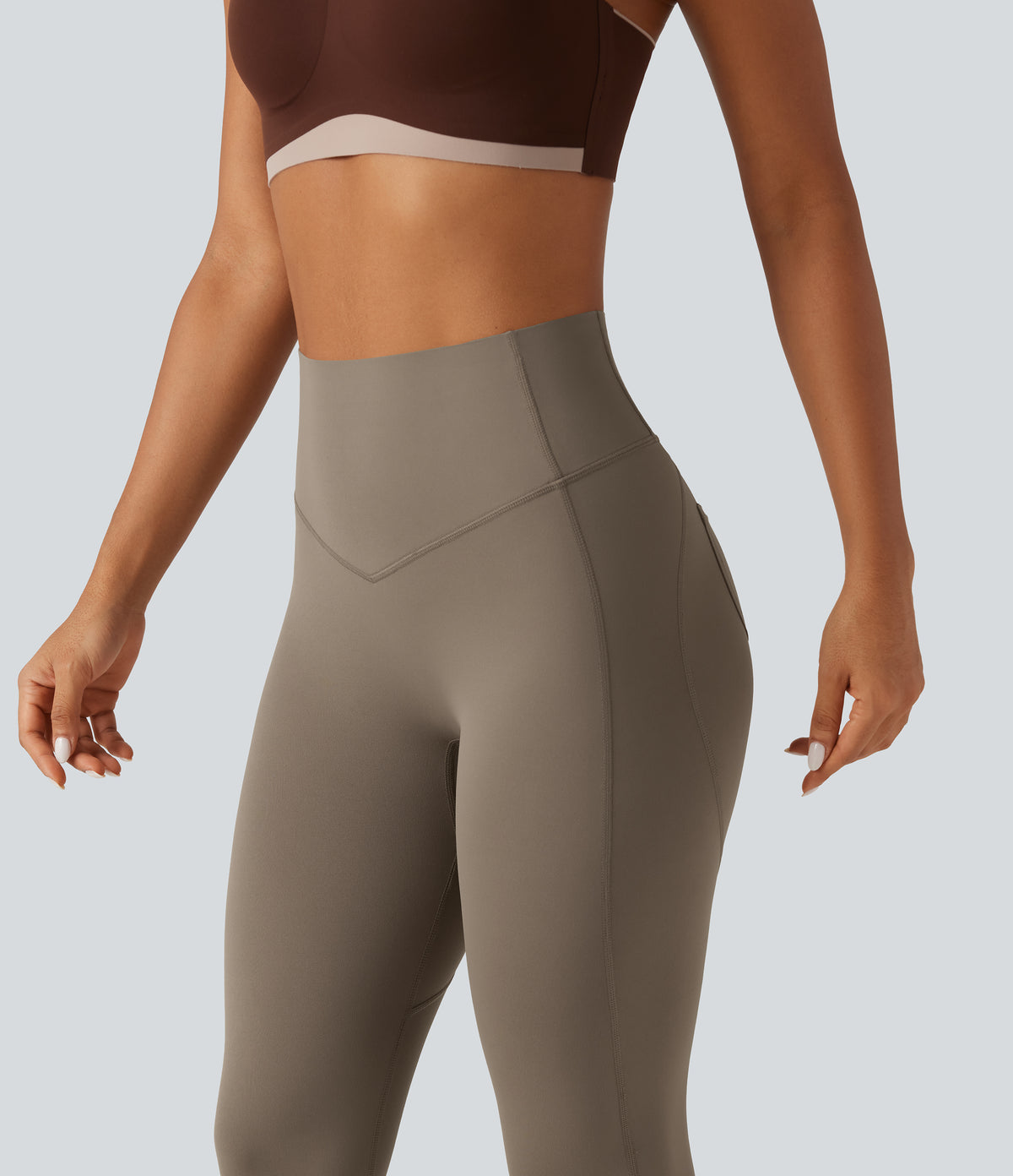 High Waisted Tummy Control Ruched Yoga Leggings with Pockets — Dawn Brown — view 5
