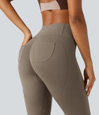 High Waisted Tummy Control Ruched Yoga Leggings with Pockets — Dawn Brown — view 6