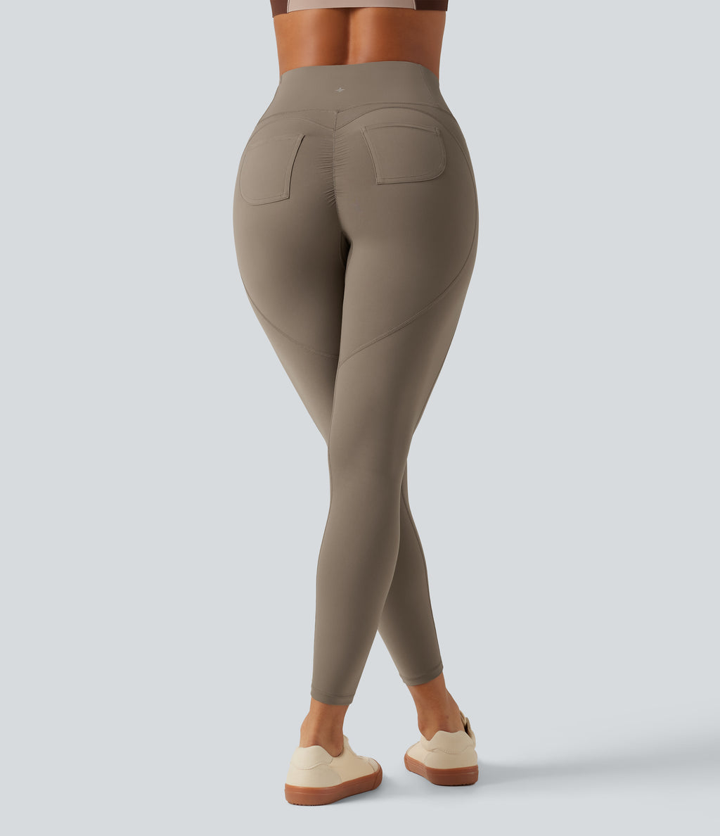 High Waisted Tummy Control Ruched Yoga Leggings with Pockets — Dawn Brown — view 3