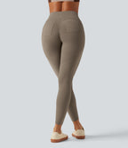 High Waisted Tummy Control Ruched Yoga Leggings with Pockets — Dawn Brown — view 3