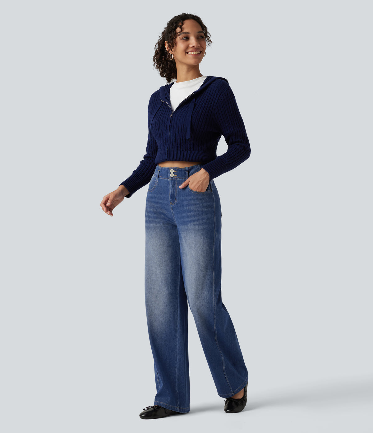 High Waisted Straight Leg Casual Jeans with Pockets — Tide Blue Denim — view 8