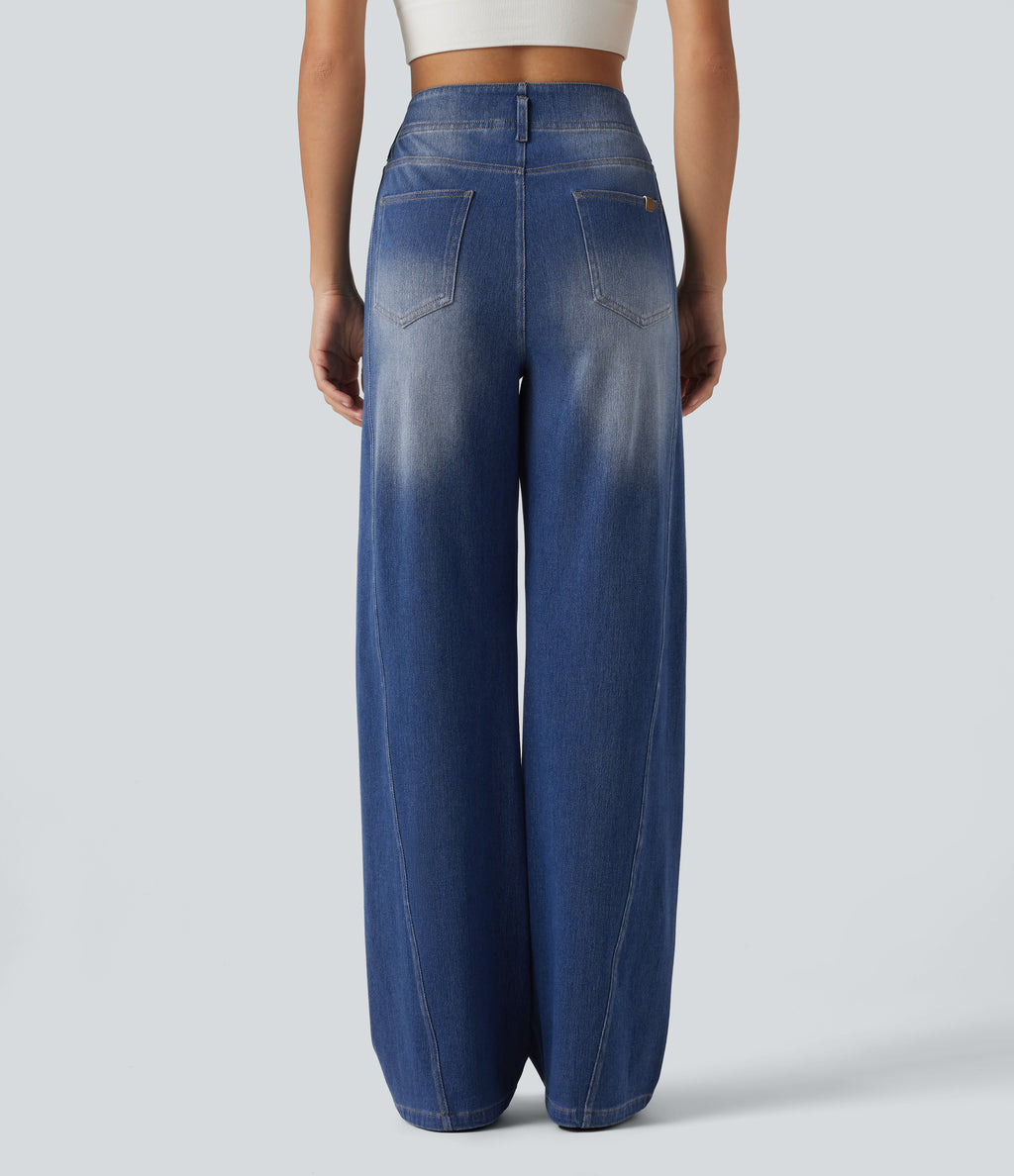 High Waisted Straight Leg Casual Jeans with Pockets — Tide Blue Denim — view 2