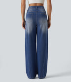 High Waisted Straight Leg Casual Jeans with Pockets — Tide Blue Denim — view 2
