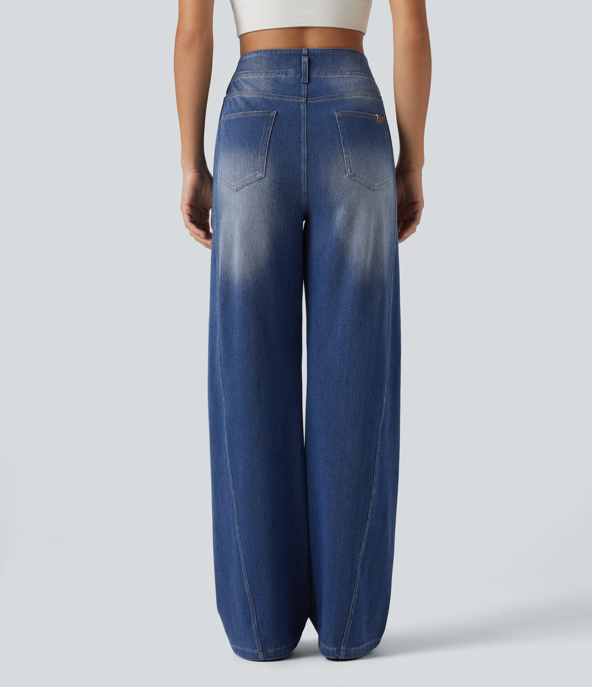 High Waisted Straight Leg Casual Jeans with Pockets — Tide Blue Denim — view 2