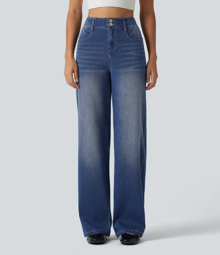 High Waisted Straight Leg Casual Jeans with Pockets — Tide Blue Denim — view 1