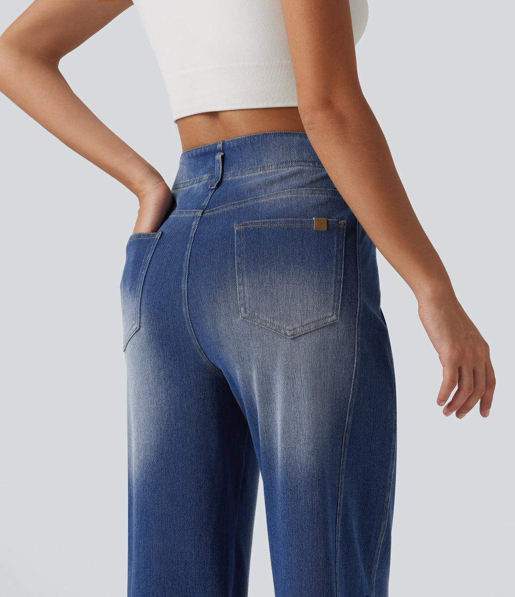 High Waisted Straight Leg Casual Jeans with Pockets — Tide Blue Denim — view 5