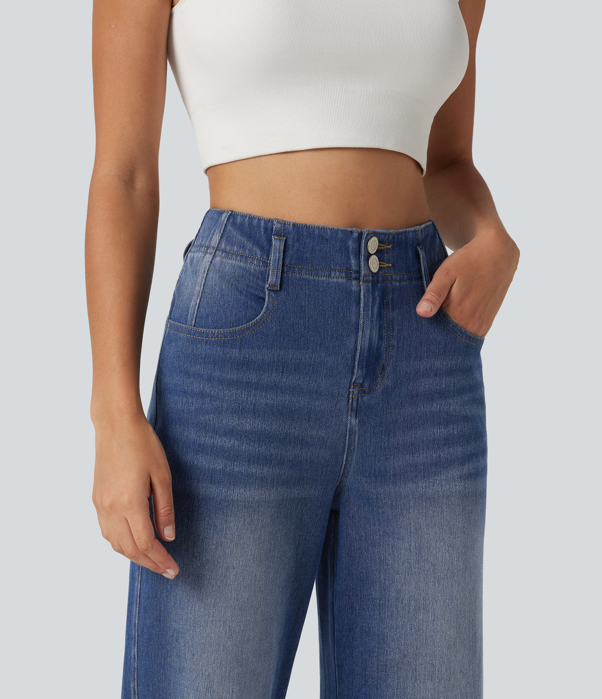 High Waisted Straight Leg Casual Jeans with Pockets — Tide Blue Denim — view 4