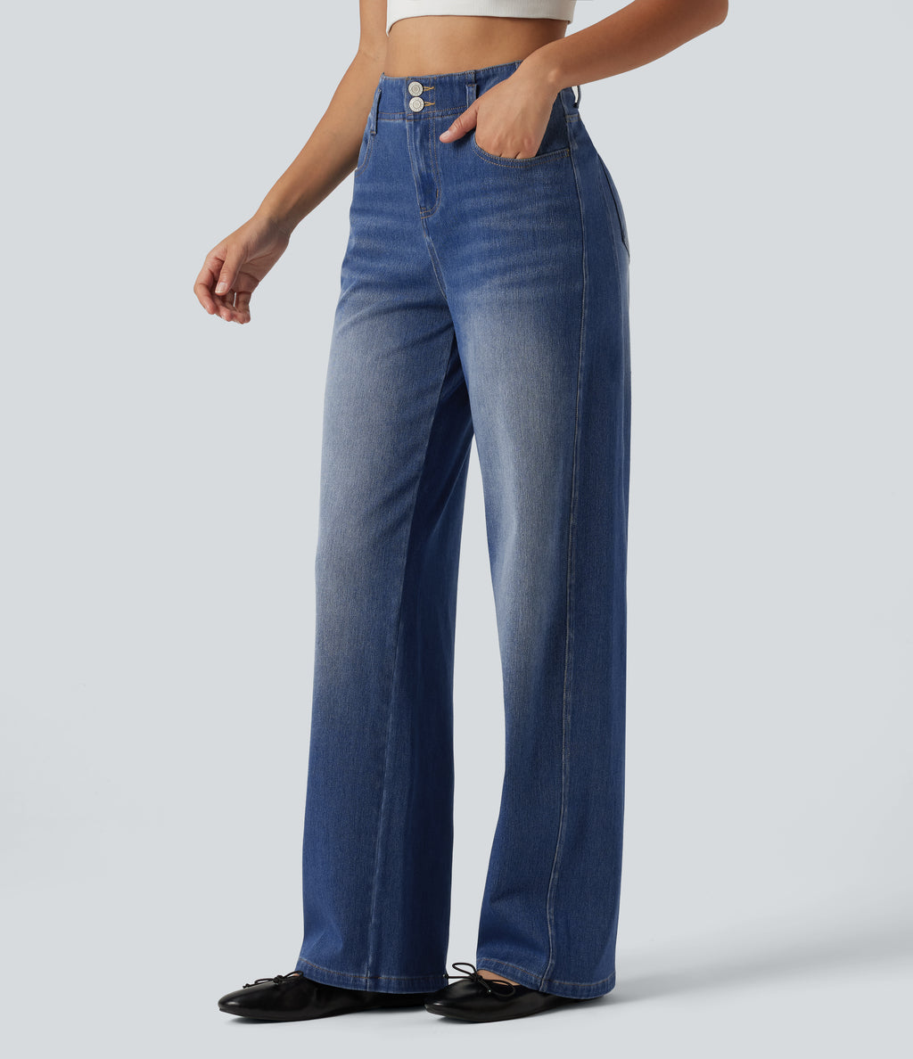 High Waisted Straight Leg Casual Jeans with Pockets — Tide Blue Denim — view 3