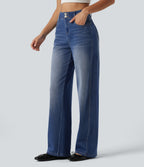 High Waisted Straight Leg Casual Jeans with Pockets — Tide Blue Denim — view 3
