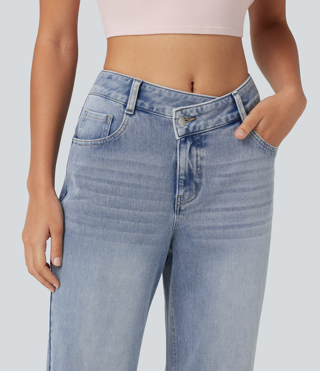 Asymmetric Mid Rise Straight Leg Casual Jeans with Pockets — Ice Water Denim — view 4