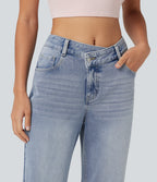 Asymmetric Mid Rise Straight Leg Casual Jeans with Pockets — Ice Water Denim — view 4