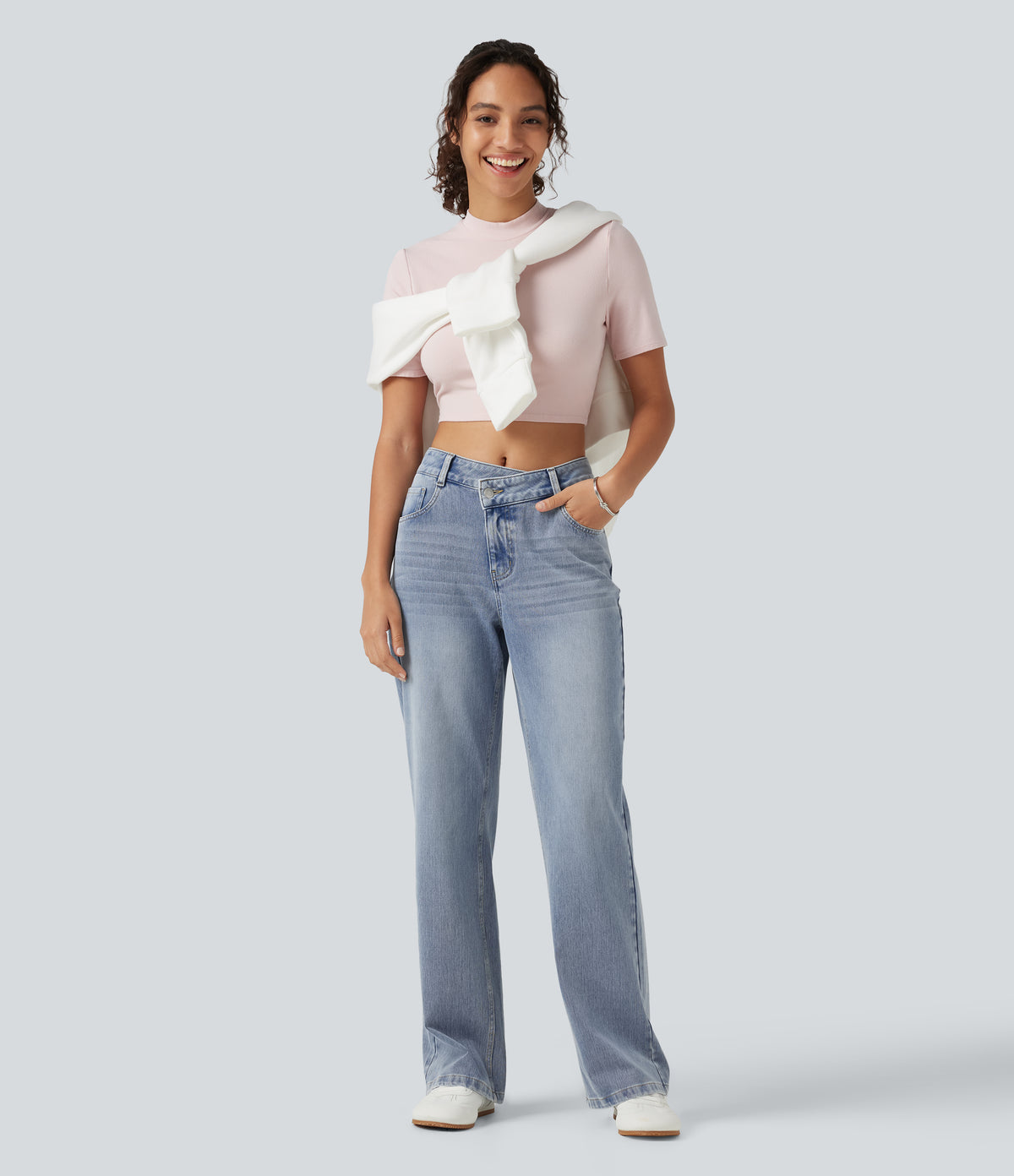 Asymmetric Mid Rise Straight Leg Casual Jeans with Pockets — Ice Water Denim — view 7