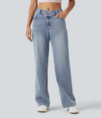Asymmetric Mid Rise Straight Leg Casual Jeans with Pockets — Ice Water Denim — view 1