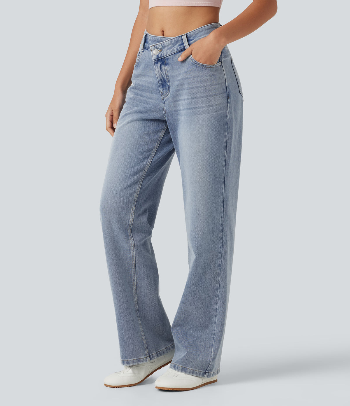Asymmetric Mid Rise Straight Leg Casual Jeans with Pockets — Ice Water Denim — view 3