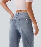 Asymmetric Mid Rise Straight Leg Casual Jeans with Pockets — Ice Water Denim — view 5