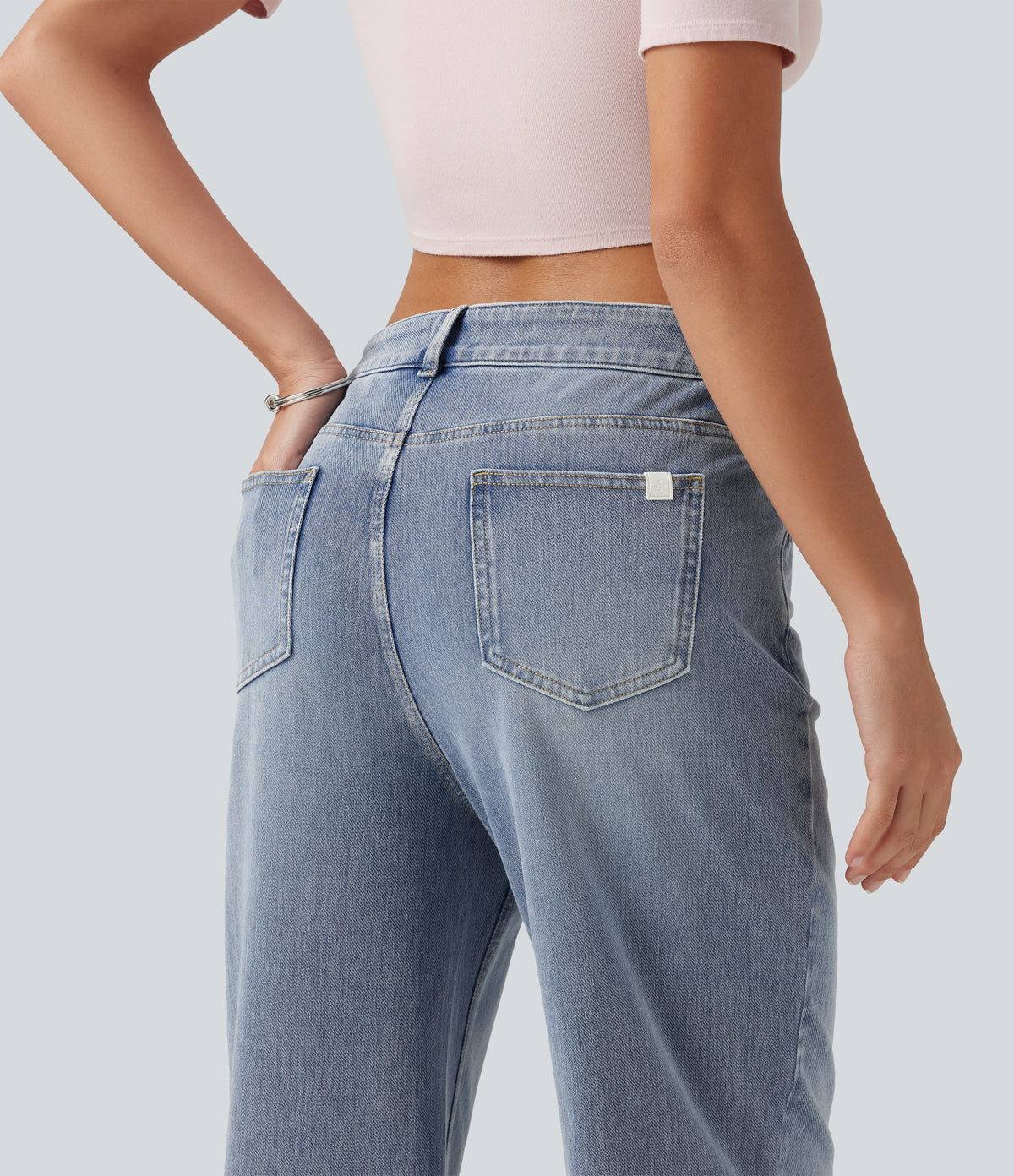Asymmetric Mid Rise Straight Leg Casual Jeans with Pockets — Ice Water Denim — view 5