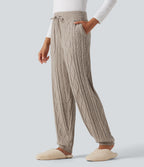 High Waisted Drawstring Cable Knit Lounging Sweater Trousers with Pockets — Oxford Tan — view 1