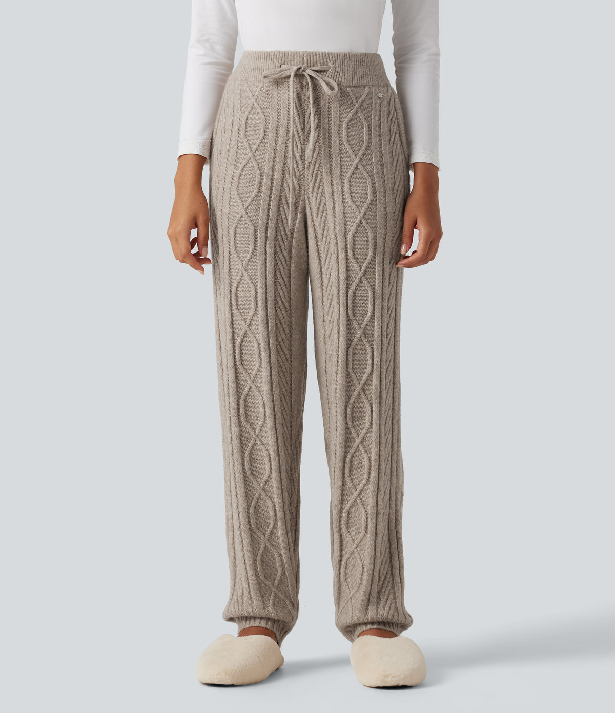 High Waisted Drawstring Cable Knit Lounging Sweater Trousers with Pockets — Oxford Tan — view 3
