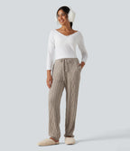 High Waisted Drawstring Cable Knit Lounging Sweater Trousers with Pockets — Oxford Tan — view 4